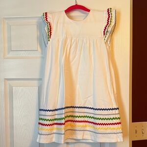 White Kids Dress with Multicolor Rick Rack Trim